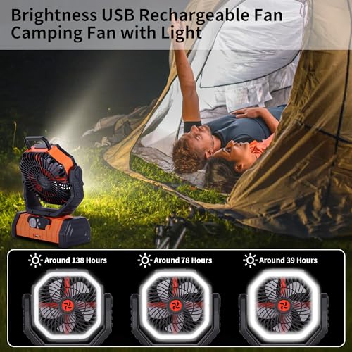 20000mAh Emergency Battery Powered Fan & LED Light, Battery Operated Rechargeable Fan for Power Outage, Car Defrosting, Indoor Use with 360° Oscillating & Hook, 8H Timer, Portable Camping Fan - color: Orange