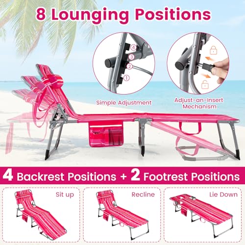 COSTWAY Tanning Chair with Face Hole, Folding Beach Lounge Chair with 4-Position Adjustable Backrest, Pillow & Side Pocket, Foldable Chaise Lounge Chair Outdoor for Sunbathing, Camping (1, Pink+White) - color: Pink+white