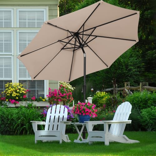 MEWAY 9ft Patio Umbrella Outdoor Table Umbrellas with Push Button Tilt and Crank, Market Umbrella 8 Sturdy Ribs for Deck, Garden, Pool and Backyard, Beige - color: Beige, size: 9ft