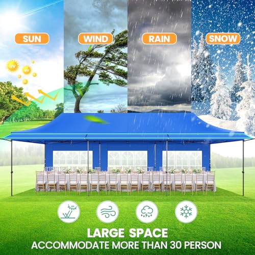 COBIZI 10x30 Pop Up Canopy Tent with Awning & Sidewalls, Heavy Duty Commercial 10X30 Canopy Tents Instant Waterproof, UPF 50+ Sun Shade for Outdoor, Parties, Markets (Blue) - color: Blue, size: 10x30FT with 5 Sidewalls & 3 Awning Cloth