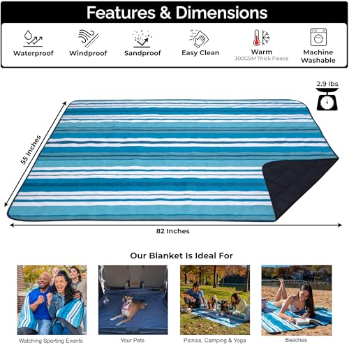 BRAWNTIDE Large Outdoor Waterproof Blanket - Extra Thick Fleece, Warm, Windproof, Sandproof, Quilted, 82" x 55", Ideal for Beaches, Picnics, Camping, Stadiums, Dogs, Car - color: Teal Green