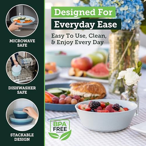 Grow Forward Premium Wheat Straw Plates and Bowls Sets - 8-Piece Wheat Straw Dinnerware Sets - Unbreakable & Reusable Microwave Safe Plastic Dinner Plates for Outdoors, RV, Camping Dishes - Seascape - color: Seascape