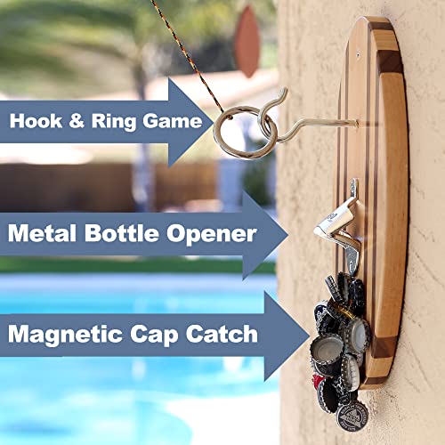Hook and Ring Game Pro (Beach Stripes) with Bottle Opener and Magnetic Bottle Cap Catch - Easy Wall Mount Ring Toss Game