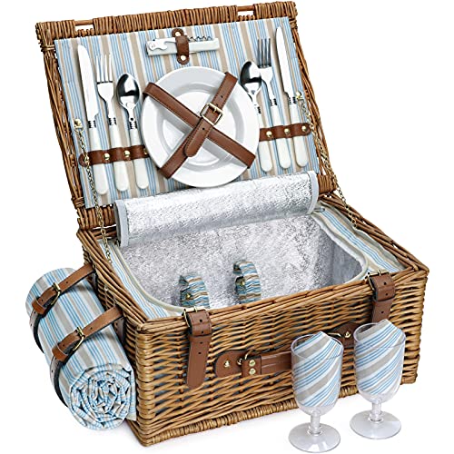 Picnic Basket Set for 2 Persons, Willow Hamper with Large Insulated Cooler Compartment, Waterproof Blanket and Cutlery Service Kit-Classical Brown - color: Light Honey Color for 2 Persons