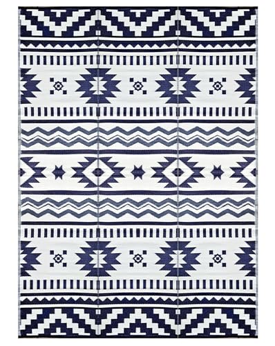 Outdoor Rugs–9x18 Plastic Patio Decor Grey Dark Blue, Durable and Affordable Recycled Straw Picnic All-Weather and Waterproof Reversible Camper Awning mats 7582 - color: Blue, Grey, size: 9' x 18' (Rectangular)