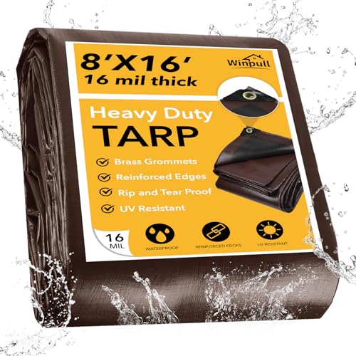 Winpull Tarp 8x16FT, 16 Mil Heavy Duty Waterproof Tarp, Large Multipurpose Cover with Brass Grommets and Reinforced Edges, UV Resistant Thick Poly Tarps for Outdoor Camping Tent Pool Car Tent - color: Brown/Black-16mil, size: 8' x 16'