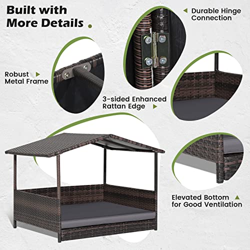 Tangkula Wicker Dog House, Indoor Outdoor Raised Rattan Dog Bed w/Removable Cushion, Washable Cover, Weatherproof Roof, Rattan Puppy Shelter w/Elevated Floor for Small Medium Dogs (Grey) - style: Grey