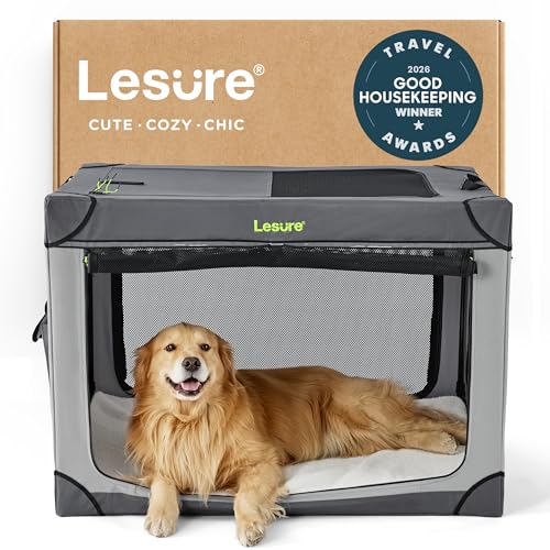 Lesure Shown on TODAY Show Soft Collapsible Dog Crate - 42 Inch Portable Travel Crate for Extra Large Dogs Indoor & Outdoor, 4-Door Foldable Pet Kennel with Mesh Windows, Grey - color: Grey, size: XL - 42"