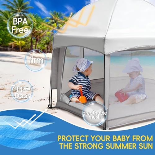 Palopalo Pop Up Baby Beach Tent - UPF50+ Sun Protection Canopy & Mosquito Net, 150D Oxford Ripstop Fabric, Instant Setup Portable Playpen for Indoor & Outdoor Play, Lightweight Pack and Play Yard - color: Grey