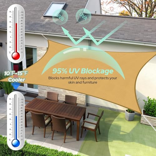 TasticTotes Rectangle Sun Shade Sail - 12' x 16', 95% UV Blockage, HDPE Sunshades for Outdoor Patio, Yard, Deck, Garden, Lawn, Permeable Awnings for Patio Shade with Reinforced Corners & Ropes (Sand) - color: Sand, size: 12'x 16'