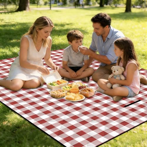 Large Cute Gingham Picnic Blanket 79"X60" Outdoor Picnic Mat Foldable Waterproof Sand Proof Beach Blanket Portable Rug for Picnics Beach Camping Lawn Grass Hiking Concerts Tent Indoor Play Mat, Pink - color: Pink Plaid