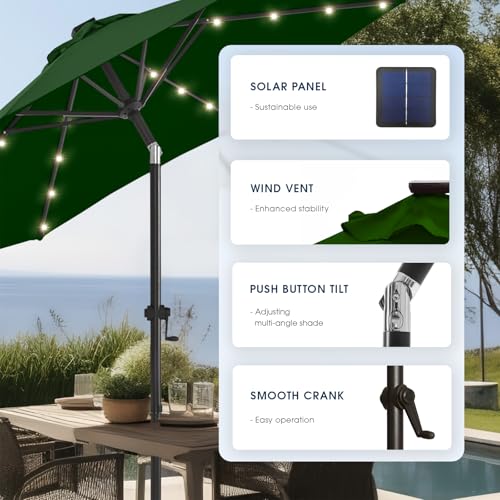 wikiwiki 9FT Solar Led Patio Umbrella with Base Included, 32 LED Lights, 8 Sturdy Ribs, Fade Resistant Waterproof POLYESTER DTY Canopy for Garden, Lawn, Deck, Backyard & Pool, Dark Green - color: Dark Green, size: 9FT