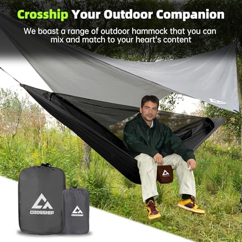 Camping Hammock with Mosquito Net and Rain Fly Tarp - 2 Person Hammock Tent, Portable Parachute Nylon Hammock for Outdoor, Hiking, Backpacking, Backyard, Travel (Hold Up to 500lbs) - Black - color: Black