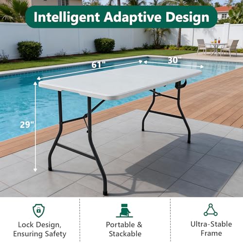 Folding Table, 5FT Foldable Picnic Table with Carrying Handle, Heavy Duty Fold-in-Half Portable Table for Weddings, Camping, RV Travel, Parties, BBQs, and Indoor Use, Easy to Fold and Store, White - color: White, size: 5FT