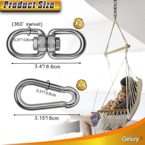2 Pack Swing Swivels, 304-Stainless Steel Swivel Ring, Heavy Duty Double Ended Swivel Eye Hook with Snap Hooks, Swing Spinner Hanger for Web Tree Swing, Hammock - color: Silver, size: M8 x 2Pack
