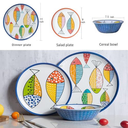 Melamine Dinnerware set for 4, Plates and Bowls Sets, Great for Camper, RV, Indoors Outdoors Use with Ocean Printed, Unbreakable - color: Blue Fish