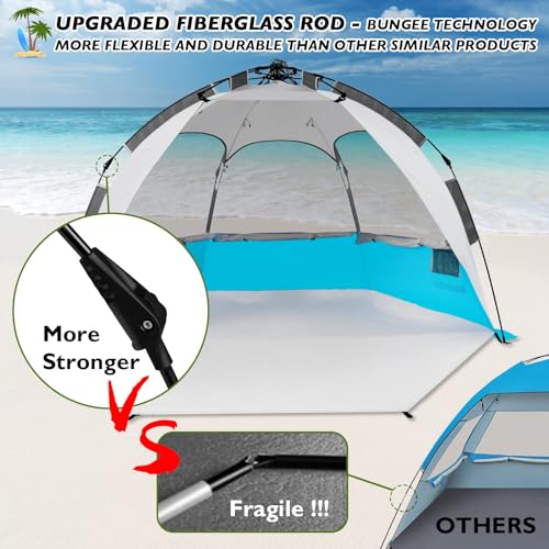 2-3 Person Large Instant Pop Up Beach Tent, UV Protection Portable Easy Setup Sun Shade Shelter, Extended Floor with 3 Ventilating Mesh Windows for Outdoor Camping Fishing (Light Blue)