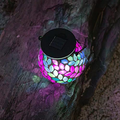 Afirst Mosaic Solar Lanterns Outdoor - Glass Hanging Solar Lights Hollow Out Waterproof Table Lamp Outdoor Decorative for Garden, Patio, Holiday Party Outdoor Decoration - style: Leave