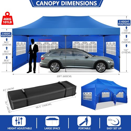 COBIZI 10x20 Heavy Duty Pop Up Canopy Tent with 6 Sidewalls Thicken Frame, Commercial Easy Up Outdoor Wedding Party Tents, All Season Waterproof Windproof with Stakes Sandbags Ropes Roller Bag, Denim - color: Denim, size: 10x20