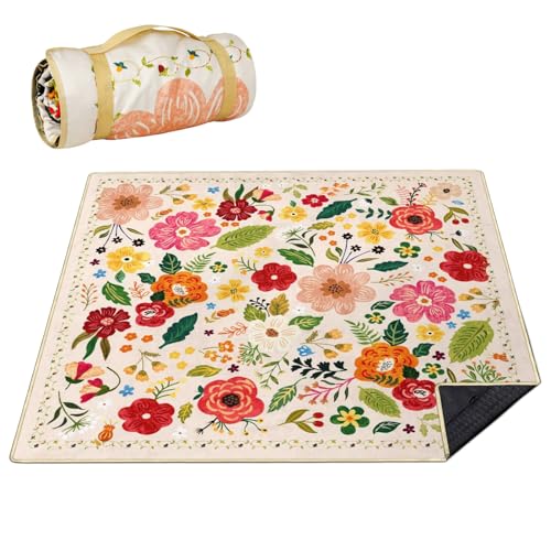 Picnic Blankets Waterproof Foldable Extra Large,80"x 80" Outdoor Beach Blanket Sandproof,3-Layer Lightweight Handy Mat Tote Picnic Camping Rugs for Outside Your Rv (Boho Vintage Floral) - color: Picnic Blankets 3
