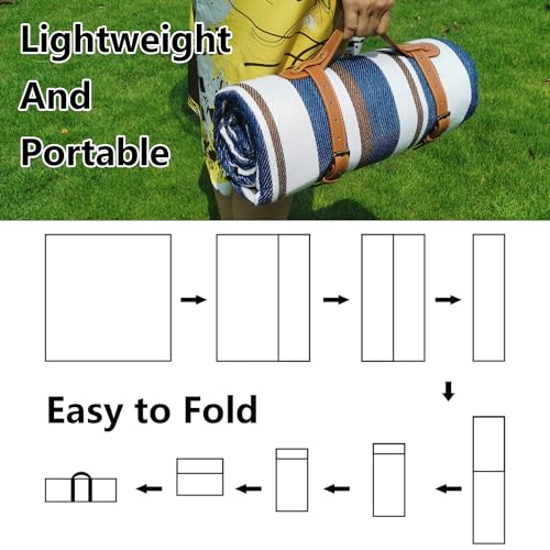 79”x79” Picnic Blanket Extra Large, Waterproof and Foldable Beach Blanket, 3-Layer Outdoor Blanket for 6 to 8 Adults, for Camping, Park, Beach, Grass, Indoors - color: Mocha and Blue Stripe