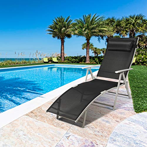Tangkula Outdoor Folding Chaise Lounge Chair, Lightweight Recliner Chair w/ 7 Adjustable Backrest Positions, Patio Reclining Beach w/Removable Cushion & Pillow for Patio Poolside No Assembly Required - color: Balck