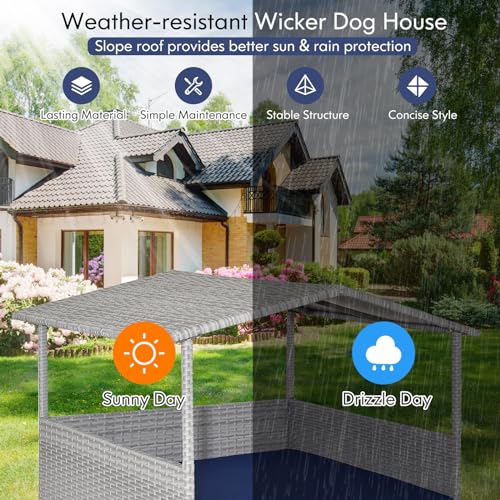 Tangkula Wicker Dog House, Indoor Outdoor Raised Rattan Dog Bed w/Removable Cushion, Washable Cover, Weatherproof Roof, Rattan Puppy Shelter w/Elevated Floor for Small Medium Dogs (Grey & Navy) - style: Grey House & Navy Cushion