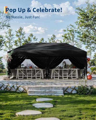 10X20 Pop Up Canopy Tent with 6 Sidewalls – Heavy Duty Commercial Instant Shelter, One-Person Quick Setup Outdoor Party Tent, Water-Resistant & Portable, Black - color: Black