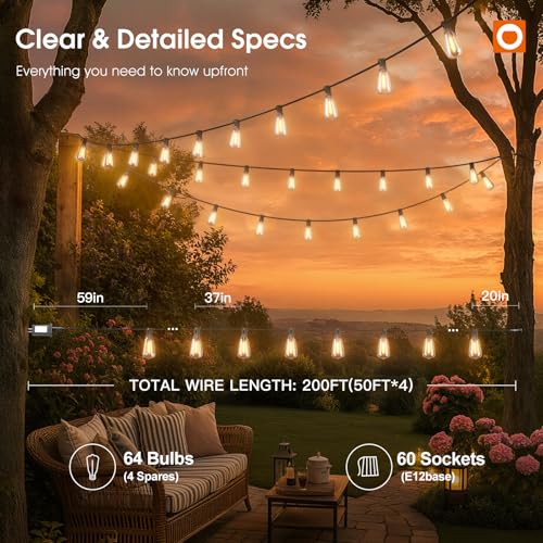 addlon 198FT Outdoor String Lights for Outside with Remote Waterproof Patio Lights with Plastic ST38 LED Edison Bulbs Outdoor Lighting Extra Long for Backyard Bistro Porch Garden Pergola Party Decor - size: 198FT