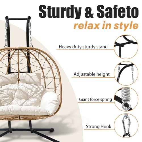 Double Egg Swing Chair with Stand - 2 Person Hammock Egg Chair for Outdoor, Patio, Garden & Balcony - Heavy-Duty Steel Frame, All-Weather Pe Rattan & Uv-Resistant Cushions - color: Yellow