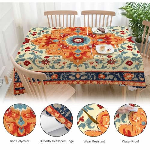 Carpet Boho Table Cloth Rectangle Table 52"X70", Ethnic Southwest Persian Style Rug Orange Wipeable Table Cover for Dinner Kitchen, Outdoor Tablecloth for Party Banquets Weddings - color: Carpet Boho