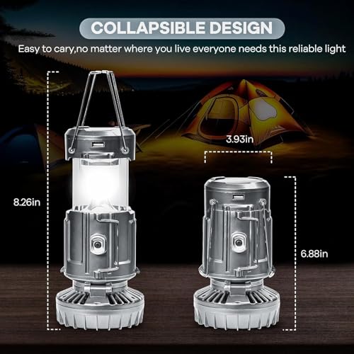 Solar Camping Lantern with Fan, Collapsible USB Rechargeable & Battery Powered Emergency Hanging Lights for Camping Tent Hurricanes Power Outages Storm Indoor Outdoor (Upgraded, 1 Pack) - style: Casual-Silver gray