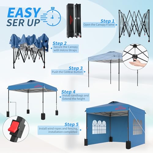 10x10 Pop Up Canopy with Sidewalls, Easy Up Canopy Tent, Heavy Duty Tents for Parties, One Person Set Up Event Tent, Light Blue - color: Light Blue, size: 10x10