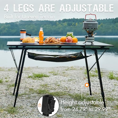 Portal Camping Table Portable Foldable with Adjustable Legs, Aluminum Folding Table Roll Up Table with Carrying Bag for Outdoor, Beach, Picnic, Backyards, BBQ and Party, Black, Big - color: Black, size: Extra Large-47.2"L x 27.6"W