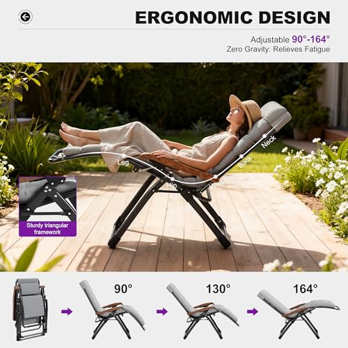 PURPLE LEAF Oversized Outdoor Reclining Chair Set of 2 Patio Zero Gravity Chaise Lounge Folding Chair with Removable Cushion Adjustable Headrest for Lawn Camping Beach Pool Grey - color: Grey - 2 Chairs, size: Oversized – Thick Cushion