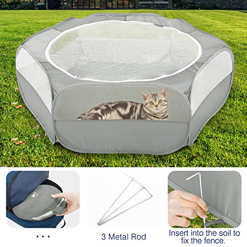 Pawaboo Small Animals Playpen, Waterproof Small Pet Cage Tent with Zippered Cover, Portable Outdoor Yard Fence with 3 Metal Rod for Chick/Kitten/Puppy/Guinea Pig/Rabbits/Hamster/Chinchillas,Light Gray - color: B-Gray