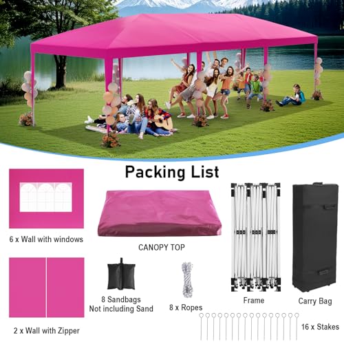 10x30 Pink Pop Up Tent with 8 Sidewalls, Heavy Duty Outdoor Canopy Waterproof Canopy Event Tents for Parties Party Wedding BBQ Events, 8 pcs Weight Bag,Carry Bag - color: Pink, size: Standard 10x30FT 8sides