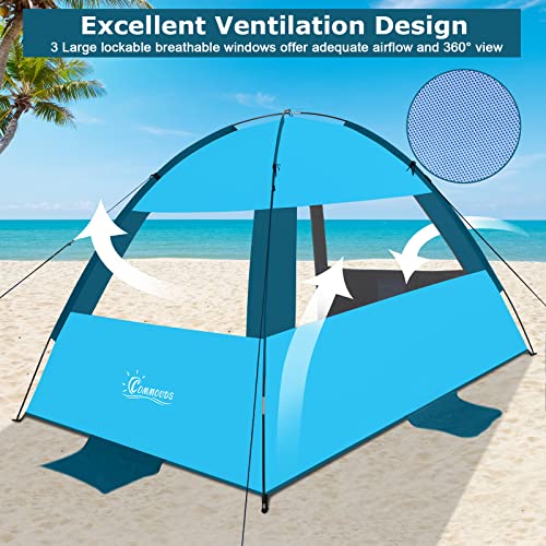 COMMOUDS Beach Tent Sun Shade for 3/4/6/8 Person, UPF 50+ Beach Sun Shelter Canopy Tent, Lightweight, Easy Set Up and Carry - color: Sky Blue with Dark Shelter, size: 4 Person