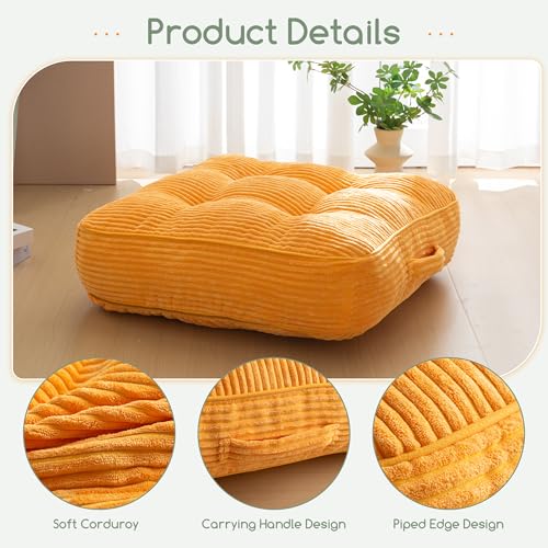 HIGOGOGO 6" Extra Thick Floor Pillow Cushion for Adults, Meditation Cushion Pillow, Large Square Floor Sitting, Tufted Corduroy Cover, for Tatami Living Room or Yoga, 22x22 Inch, Orange - color: Square Orange, size: 6" Thick(Pack of 1)