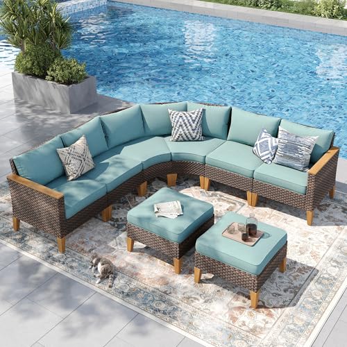 PHI VILLA 7-Piece Curved Patio Furniture Set, Half-Moon Wicker Sectional Furniture Sofa Set for 8 Seats with 1 Curved Sectionals, 2 armless Seats, 2 one armrest Sofas and 2 Ottomans, Aqua Blue - color: Aqua Blue, size: 8 Seats - Curved