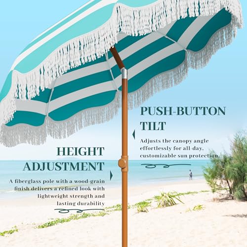 AreShark 7ft Patio Umbrella with Fringe, UPF50+ Beach Umbrella for Table, Pool & Garden, Portable Outdoor Tassels Umbrella w/Fiberglass Ribs&Push Bottom Tilt(Blue and White Stripe) - color: Blue and White Stripe, size: 7FT