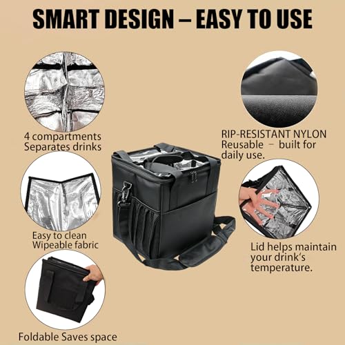 4-Cup Insulated Drink Carrier, Reusable Leakproof Tote Bag for Hot & Cold Drinks, Portable Cup Holder for Car Travel, Beach, Picnic, Camping & Commute