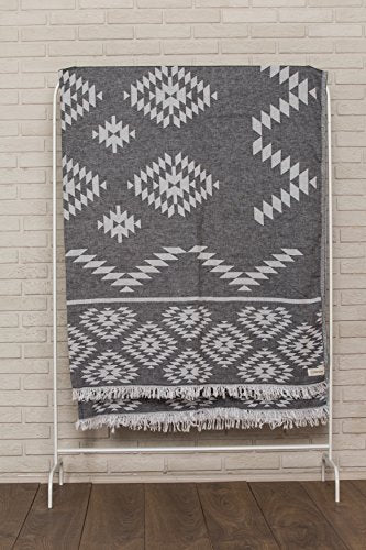 Bersuse 100% Cotton Teotihuacan XL Throw Blanket Turkish Towel Beach Blanket - Beach Camping Essentials - 75x90 Inches, Black - color: Black