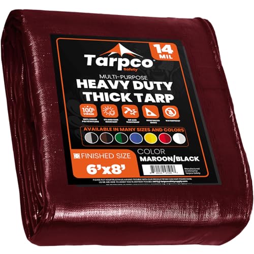 Extra Heavy Duty 14 Mil Tarp Cover, Waterproof, UV Resistant, Rip and Tear Proof, Poly Tarpaulin with Reinforced Edges for Roof, Camping, Patio, Pool, Boat (Maroon/Black 6′ X 8′) - color: Maroon/Black, size: 6′ X 8′