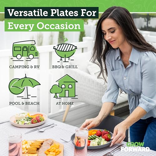 Grow Forward Premium Wheat Straw Plates - 10 Inch Reusable Hard Plastic Dinner Plates Set of 8 - Unbreakable Microwave Safe Plates for Dessert, Camping, RV, Outdoors, Patio, Kitchen Dishes - Moonlight - color: Moonlight, size: 10 inch