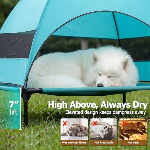 Elevated Dog Bed with UV-Proof Canopy, Outdoor Dog Tent with Powerful Adjustable Feet, Portable Pet Cot with Wider Shade, Raised Cooling Bed for Camping, Patio, Beach, Poolside - color: Aqua, size: Large: 42.0"L x 30.0"W x 33.0"Th