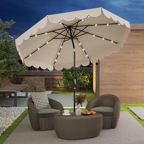 Tangkula 9 FT Solar Patio Umbrella, 2-Tiers Scalloped Outdoor Table Market Umbrella with 32 LED Lights, Vented Top, Tilt Adjustment, Crank, 8 Ribs for Backyard Poolside Deck Beach Lawn (Beige) - color: Beige, size: 9Ft
