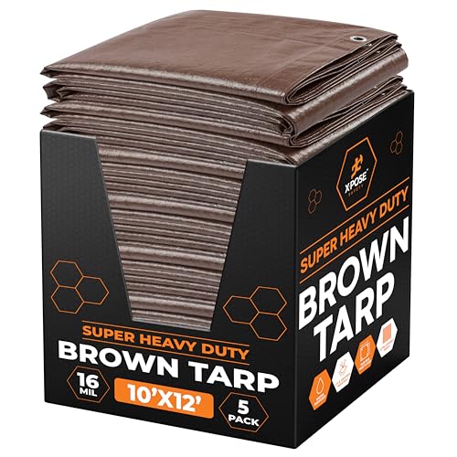 Xpose Safety Super Heavy-Duty 10' x 12' Brown Poly Tarp (5-Pack) - 16 Mil Waterproof & UV Resistant, Rip-Proof with Reinforced Edges & Grommets - color: Brown, size: 10' X 12' (5-pack)