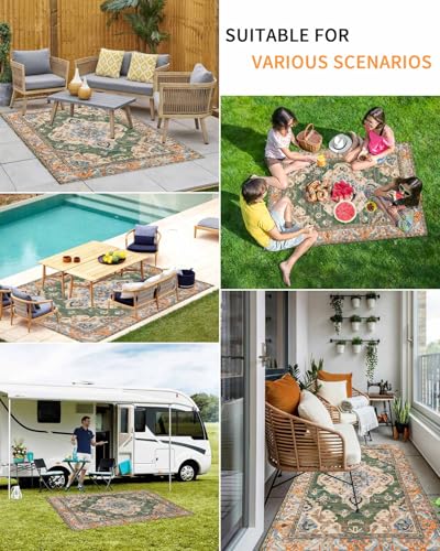 5x8 Large Area Rug Green Orange Flowers Waterproof Outdoor Patio Rug for Camping RV, Boho Ethnic Style Indoor Outdoor Carpet,Washable Outdoor Mat for Porch/Deck/Backyard/Balcony/Living Room - size: 5' x 8' (Rectangular)