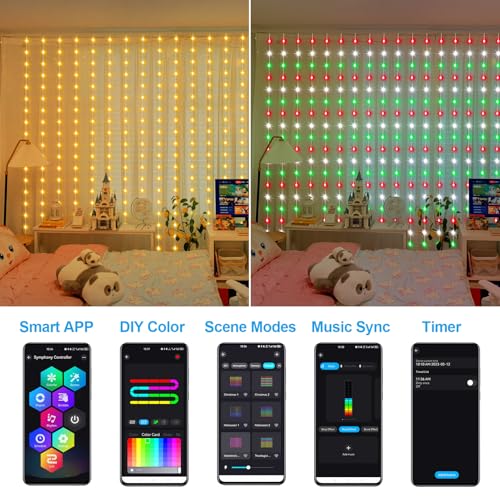 ZAIYW WiFi Smart RGB Color Changing Curtain Lights - 600 LED, Compatible with Alexa, App Control, Music Sync, Plug in for Christmas Wedding Outdoor Decor - color: RGB&IC, size: 20Ft x 10Ft
